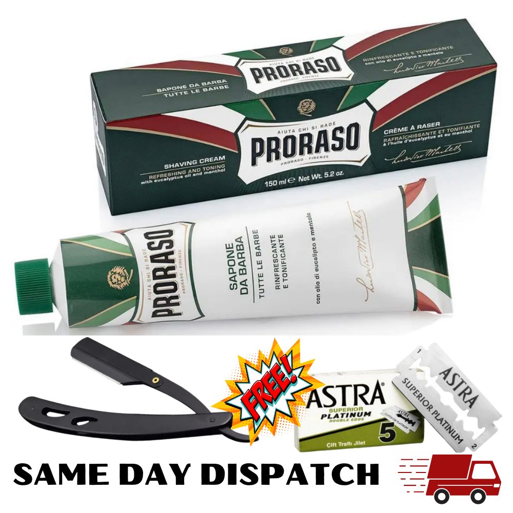 Proraso Eucalyptus & Menthol Refresh Shaving Cream Tube 150Ml - Metal Handle Black Razor And Astra Blades